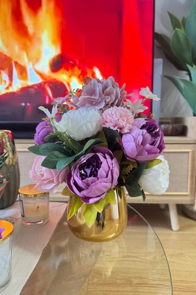 Yapay Çiçek Aranjmanı Gold Metal Vazoda Şakayık Gül Ve Krizantem Salon Çiçeği