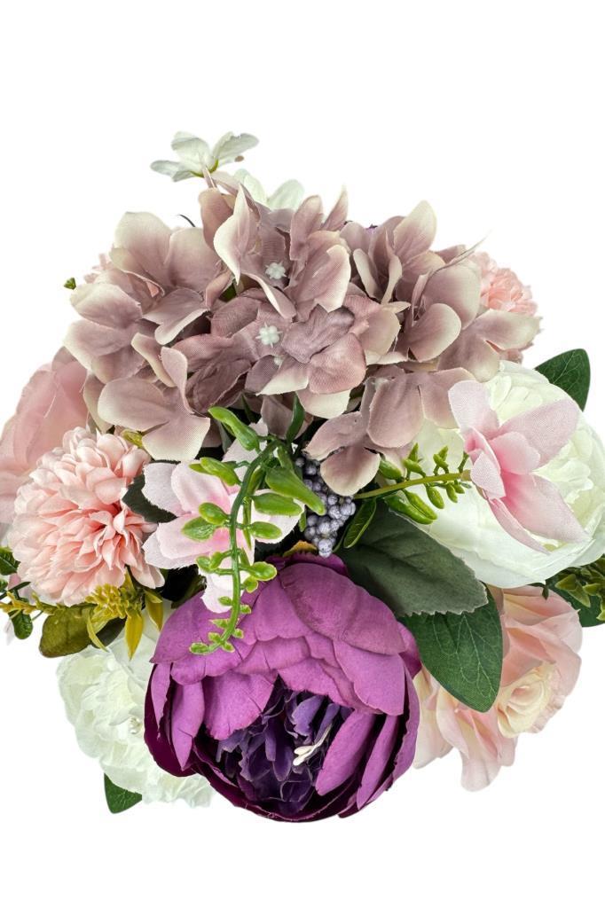 Yapay Çiçek Aranjmanı Gold Metal Vazoda Şakayık Gül Ve Krizantem Salon Çiçeği