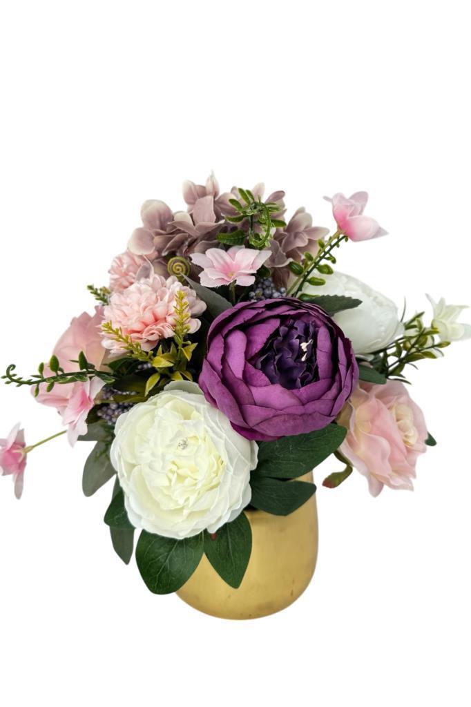 Yapay Çiçek Aranjmanı Gold Metal Vazoda Şakayık Gül Ve Krizantem Salon Çiçeği