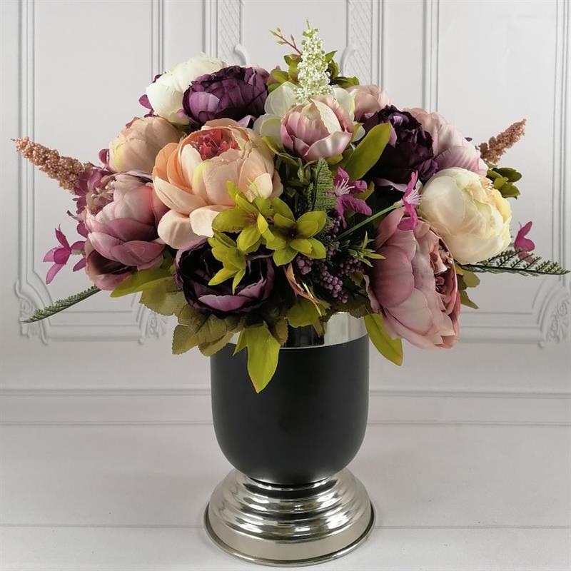 Yapay Çiçek Aranjmanı Gümüş-Siyah Vazolu Mor-Pembe Güllü Nişan Çiçeği İsteme Çiçeği Masa Üstü Çiçeği Arajman