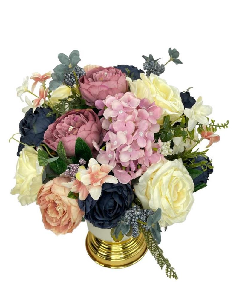 Yapay Çiçek Aranjmanı Metal Gold-Krem Vazolu Nişan Çiçeği İsteme Çiçeği Masa Üstü Çiçeği Arajman 