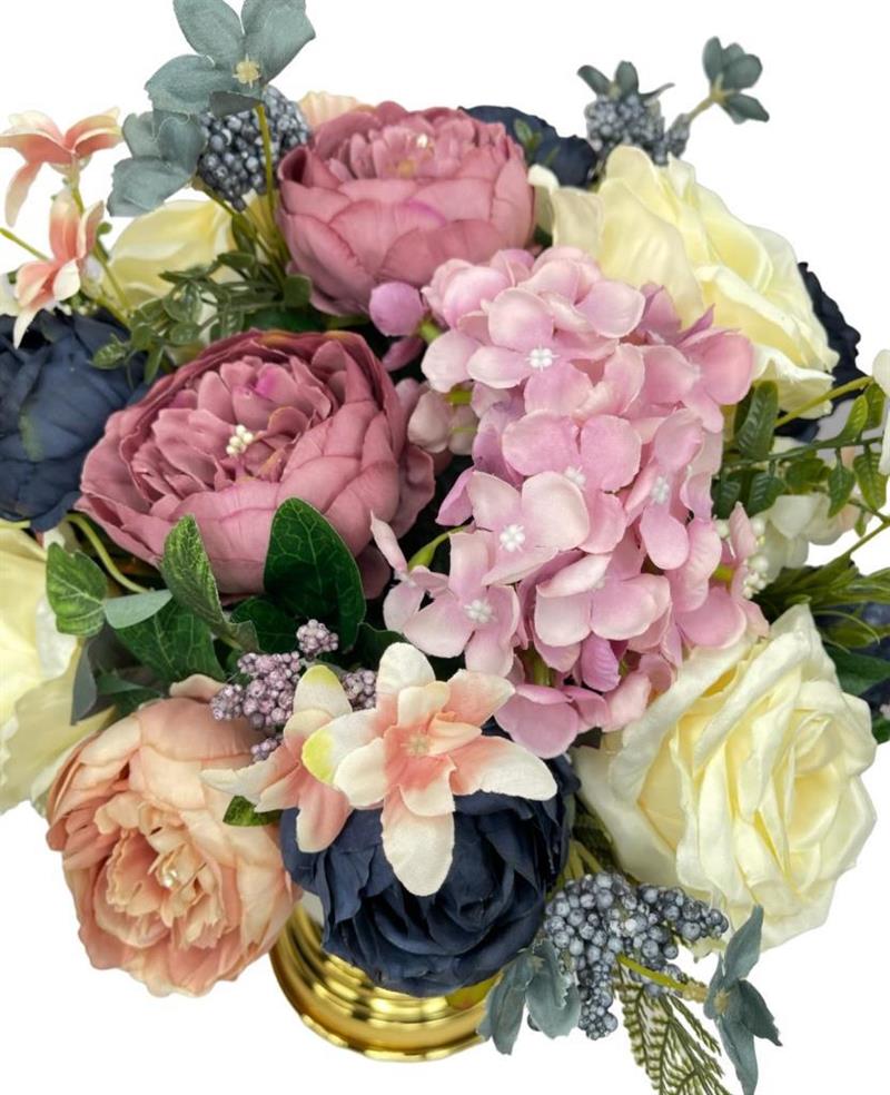 Yapay Çiçek Aranjmanı Metal Gold-Krem Vazolu Nişan Çiçeği İsteme Çiçeği Masa Üstü Çiçeği Arajman 