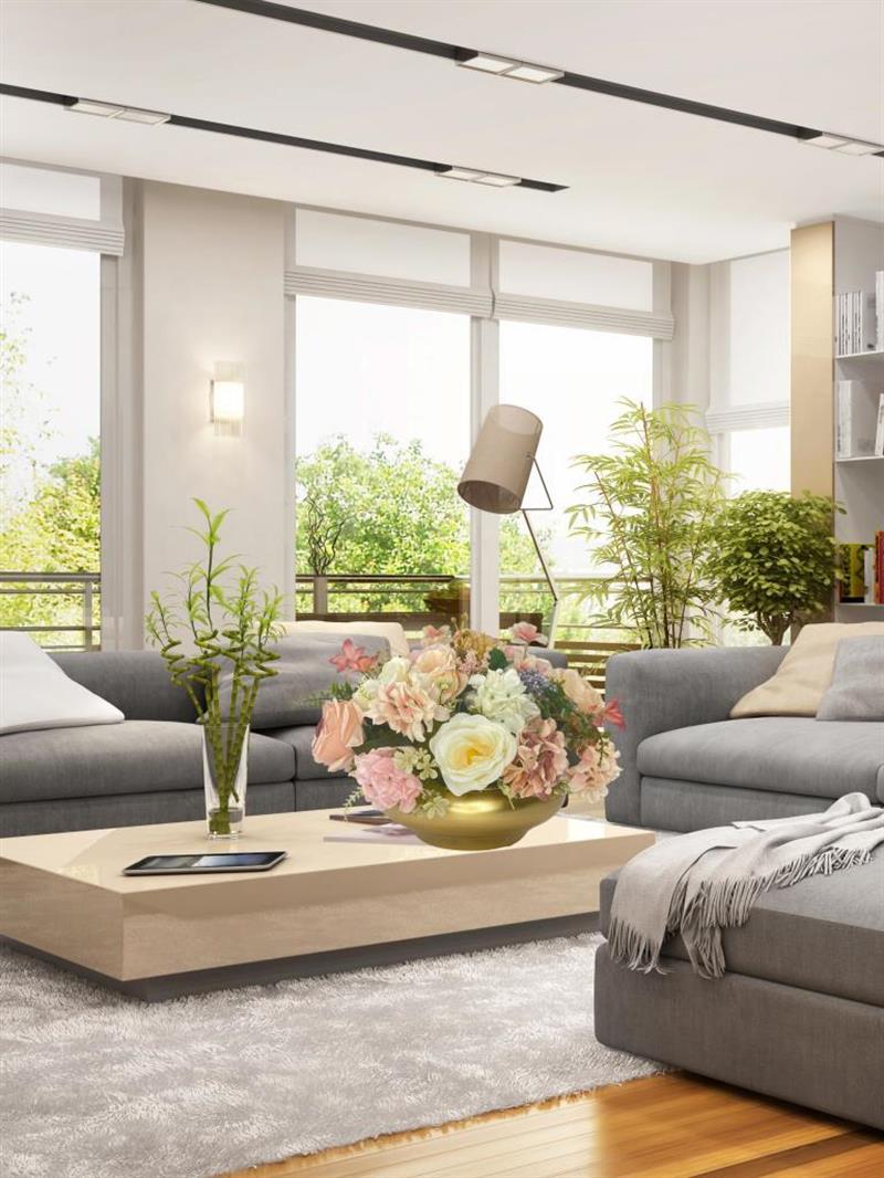 Yapay Çiçek Aranjmanı Pudra Krem Top Ayaklı Yuvarlak Metal Gold Vazolu Masa Üstü Çiçeği Arajman