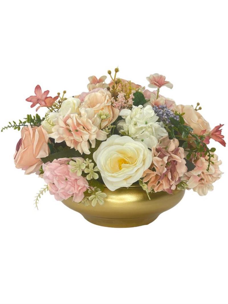 Yapay Çiçek Aranjmanı Pudra Krem Top Ayaklı Yuvarlak Metal Gold Vazolu Masa Üstü Çiçeği Arajman