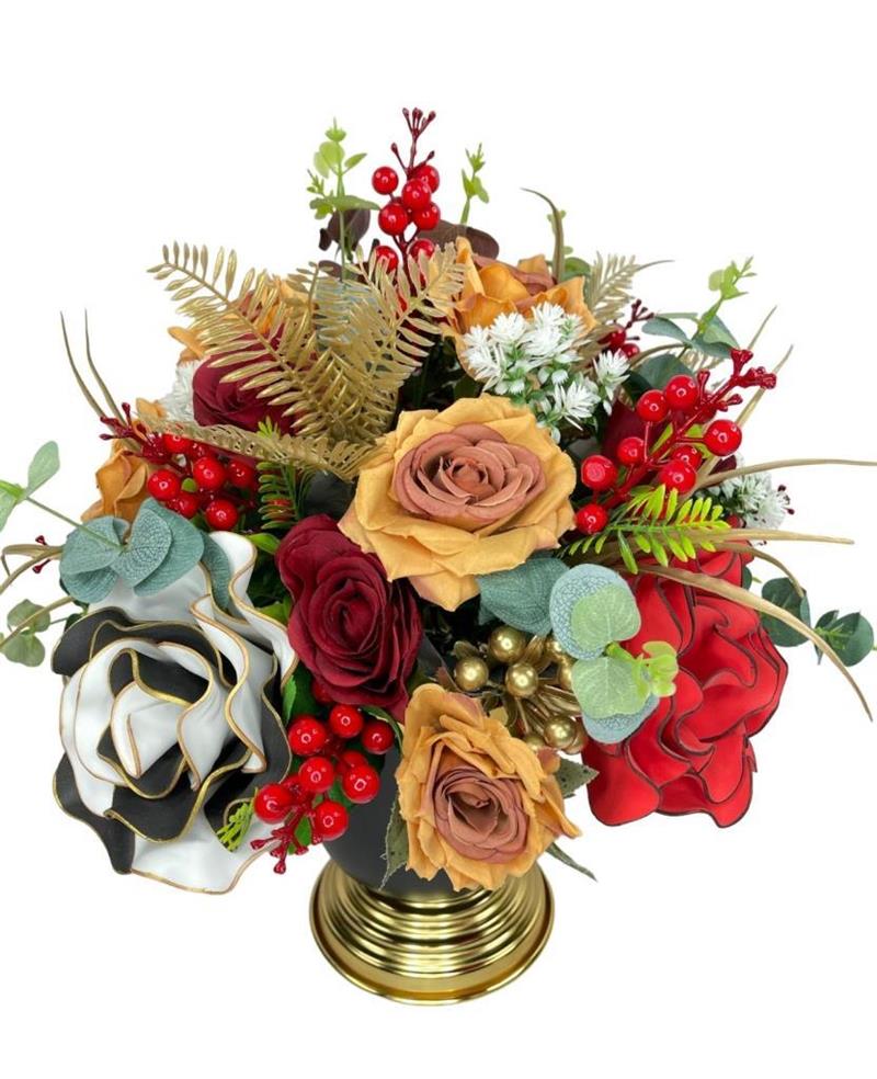 Yapay Çiçek Aranjmanı Siyah Gold Vazolu Nişan Çiçeği İsteme Çiçeği Masa Üstü Çiçeği Arajman