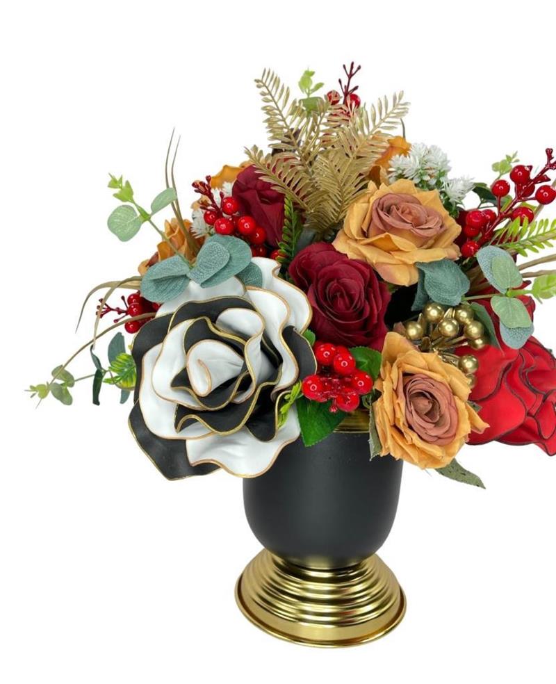 Yapay Çiçek Aranjmanı Siyah Gold Vazolu Nişan Çiçeği İsteme Çiçeği Masa Üstü Çiçeği Arajman