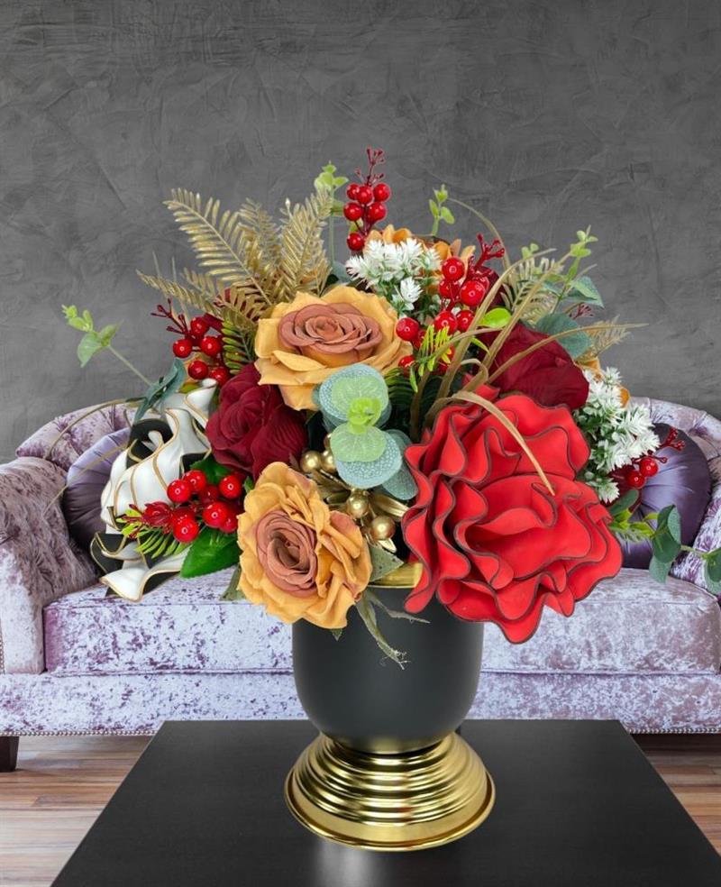 Yapay Çiçek Aranjmanı Siyah Gold Vazolu Nişan Çiçeği İsteme Çiçeği Masa Üstü Çiçeği Arajman