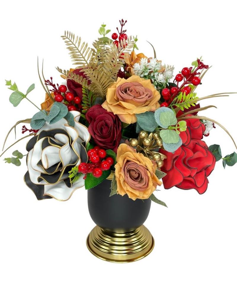 Yapay Çiçek Aranjmanı Siyah Gold Vazolu Nişan Çiçeği İsteme Çiçeği Masa Üstü Çiçeği Arajman
