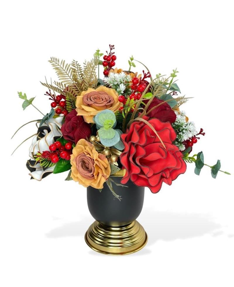 Yapay Çiçek Aranjmanı Siyah Gold Vazolu Nişan Çiçeği İsteme Çiçeği Masa Üstü Çiçeği Arajman