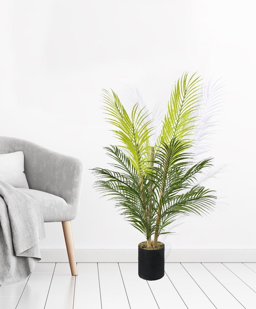 Yapay Çiçek Areka Ağacı Palmiye Ağacı Bambu Saplı Siyah Saksılı Salon Çiçeği 18 Yaprak 85 cm
