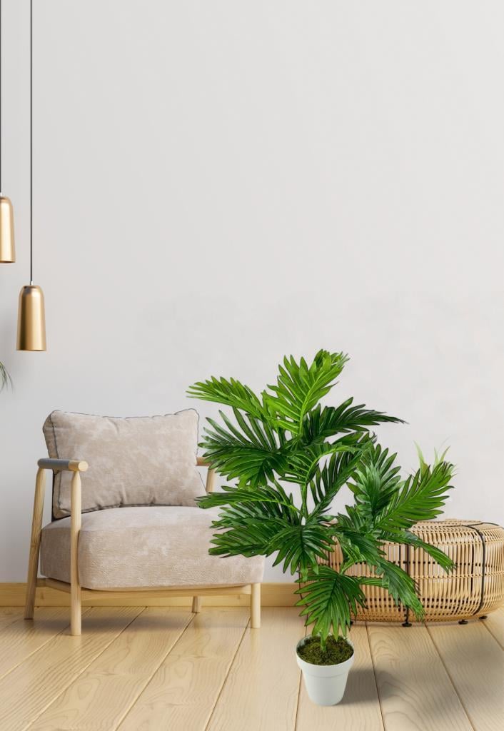 Yapay Çiçek Areka Palmiye Ağacı 85cm 2Dal Salon Çiçeği Beyaz Saksılı Yapay Bitki