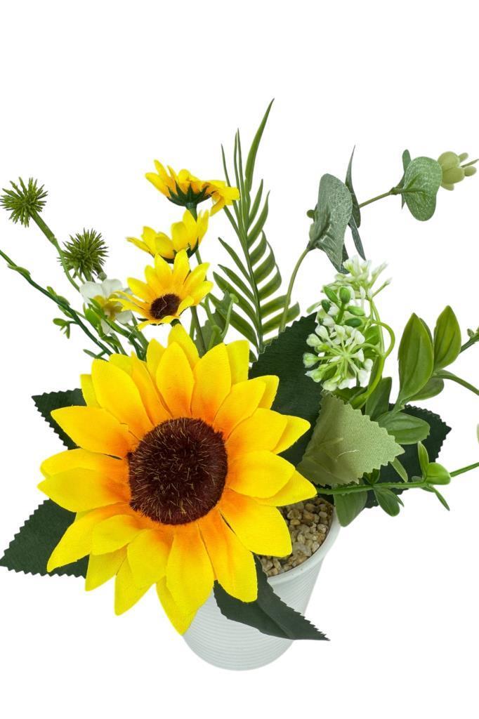 Yapay Çiçek Ay Çiçeği Aranjmanı Beyaz Plastik Saksılı 25cm Dekoratif Süs Çiçeği