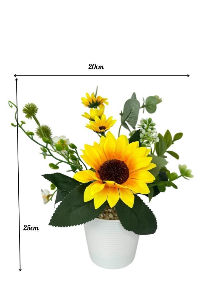 Yapay Çiçek Ay Çiçeği Aranjmanı Beyaz Plastik Saksılı 25cm Dekoratif Süs Çiçeği