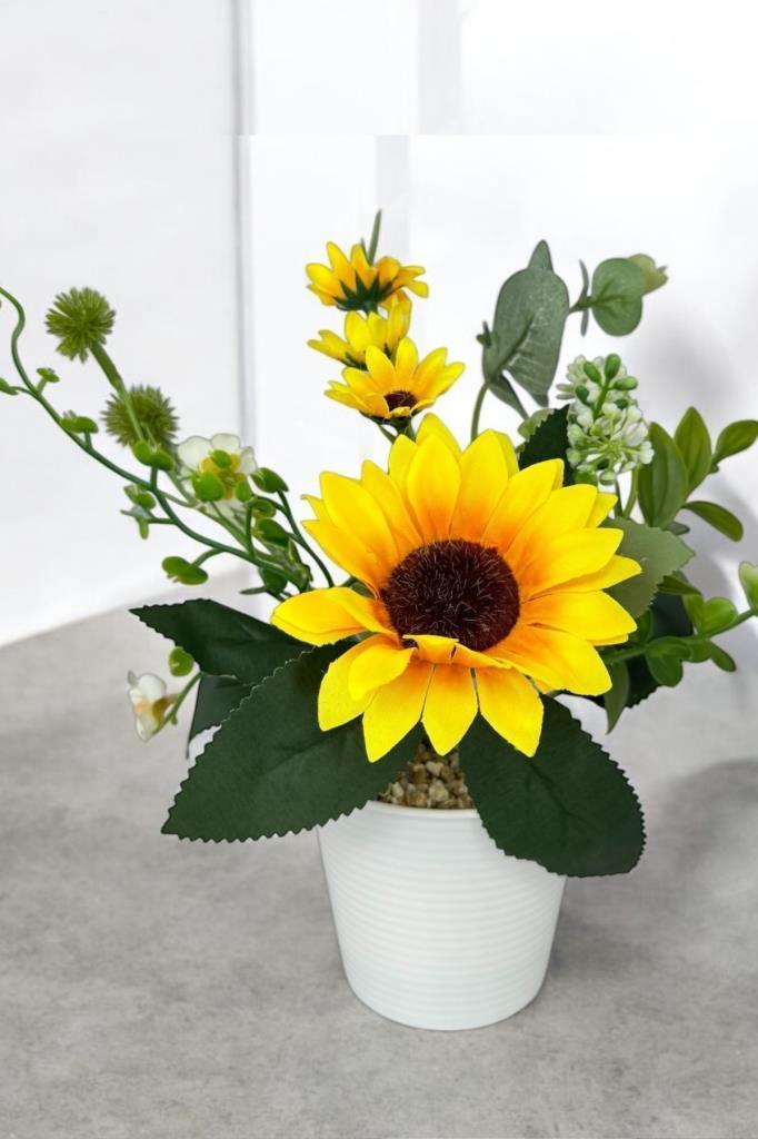 Yapay Çiçek Ay Çiçeği Aranjmanı Beyaz Plastik Saksılı 25cm Dekoratif Süs Çiçeği