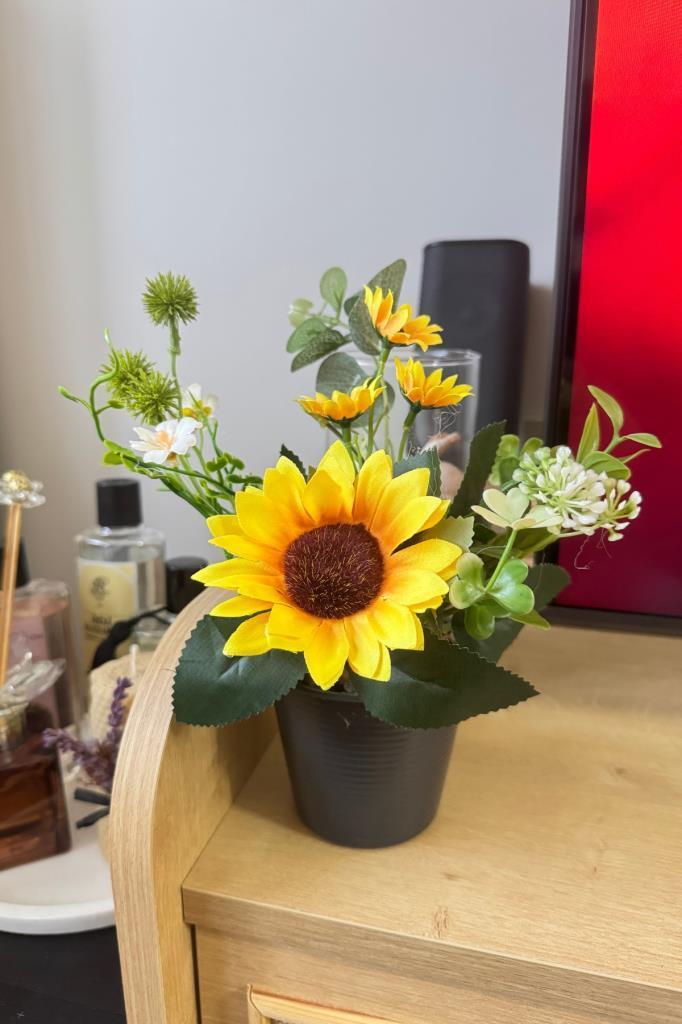 Yapay Çiçek Ay Çiçeği Aranjmanı Siyah Plastik Saksılı 25cm Dekoratif Süs Çiçeği