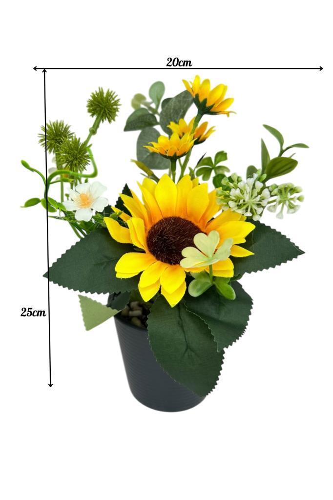 Yapay Çiçek Ay Çiçeği Aranjmanı Siyah Plastik Saksılı 25cm Dekoratif Süs Çiçeği