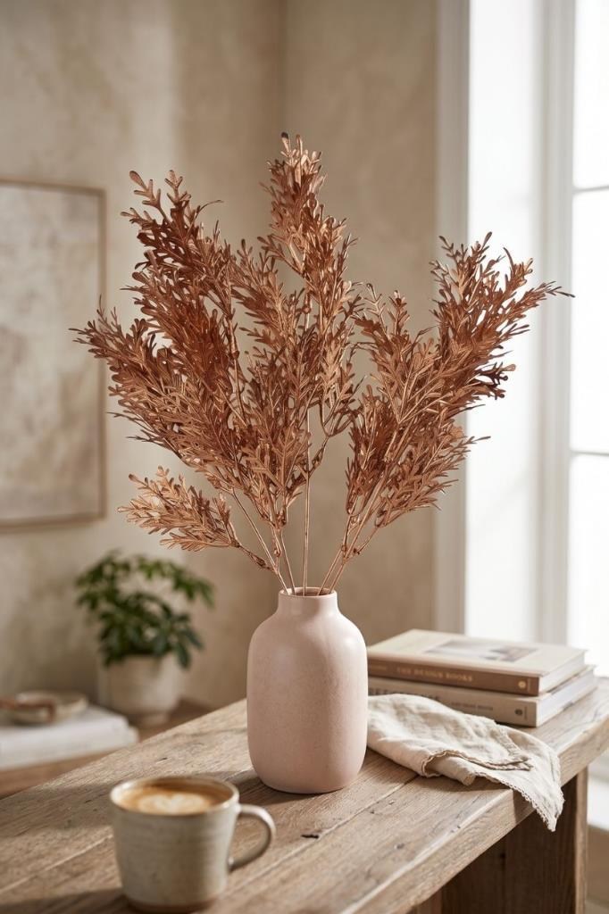 Yapay Çiçek Bakır Bronz Renk Kuşkonmaz Demeti Garnitür Aradal Dekoratif Yapay Bitki 35cm