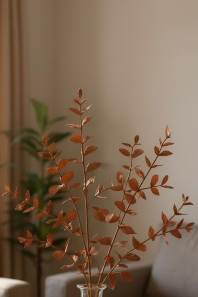 Yapay Çiçek Bakır Bronz Renk Okaliptus Şimşir Demeti Garnitür Aradal Dekoratif Yapay Bitki 35cm