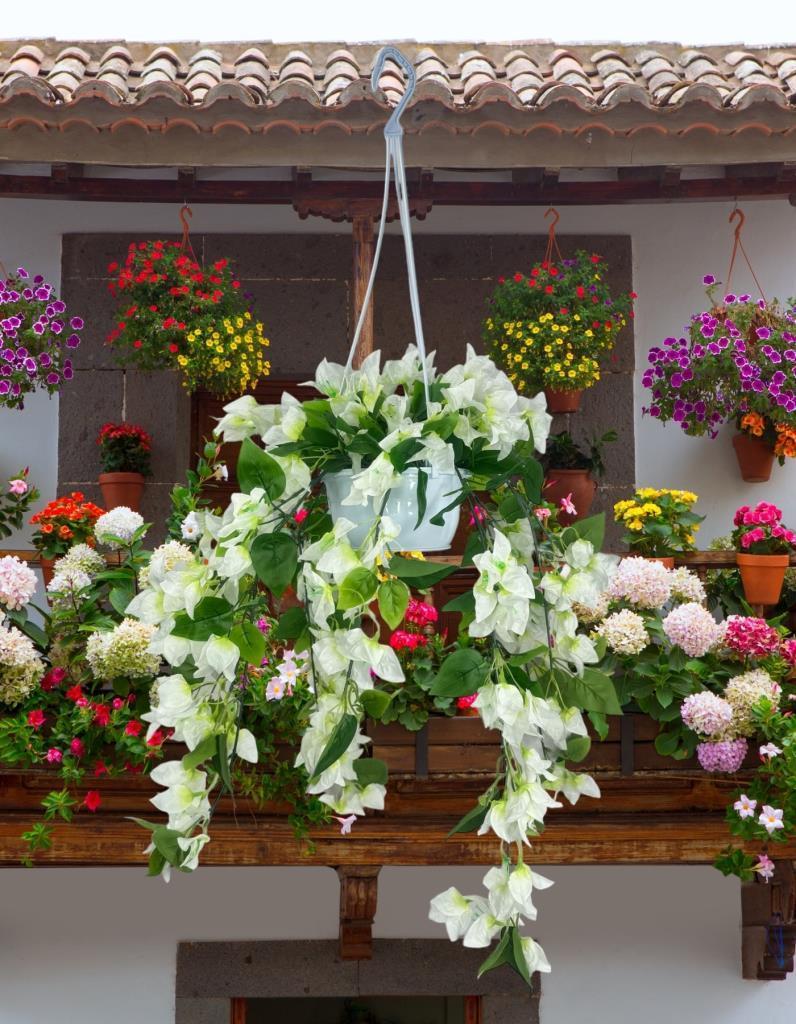 Yapay Çiçek Begonvil Beyaz Sarkaç Askılı Saksıda Balkon Çiçeği Çiçek Sepeti