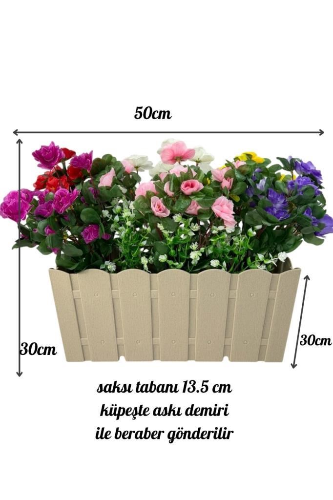 Yapay Çiçek Bej Balkon Saksıda Küpeşte Askılı Açelya Çiçeği Karışık Renkli Çiçek Sepeti 50cm