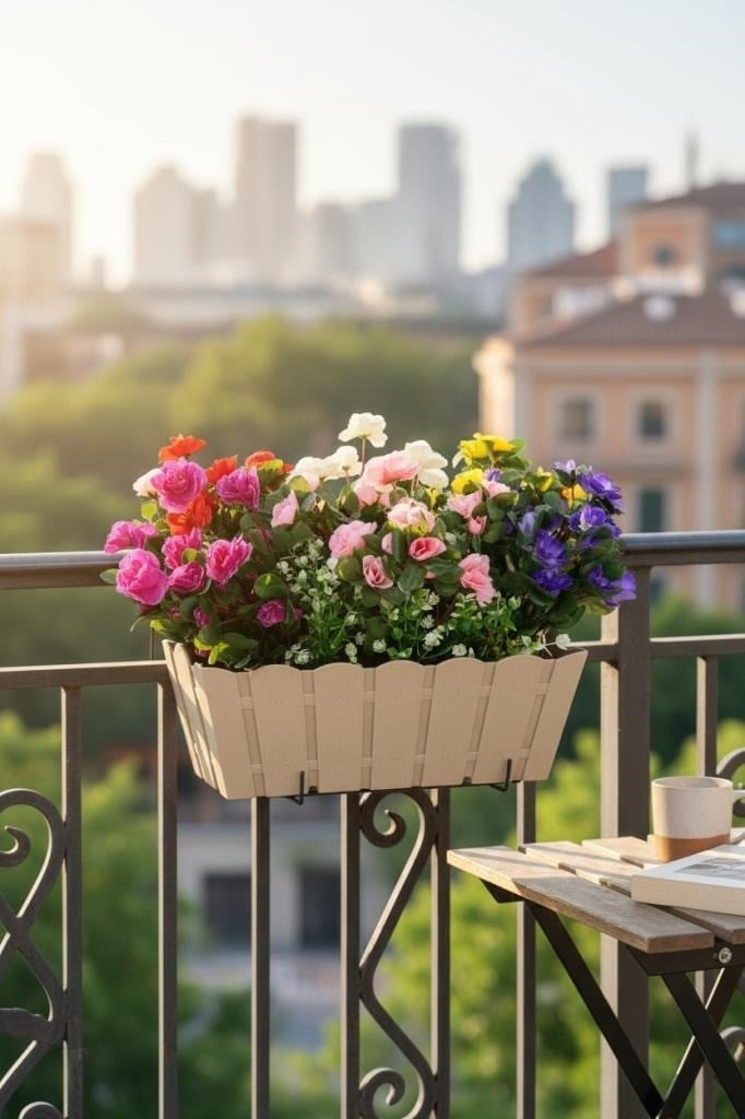 Yapay Çiçek Bej Balkon Saksıda Küpeşte Askılı Açelya Çiçeği Karışık Renkli Çiçek Sepeti 50cm