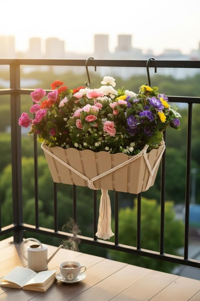 Yapay Çiçek Bej Balkon Saksıda Küpeşte Askılı Açelya Çiçeği Karışık Renkli Çiçek Sepeti 50cm