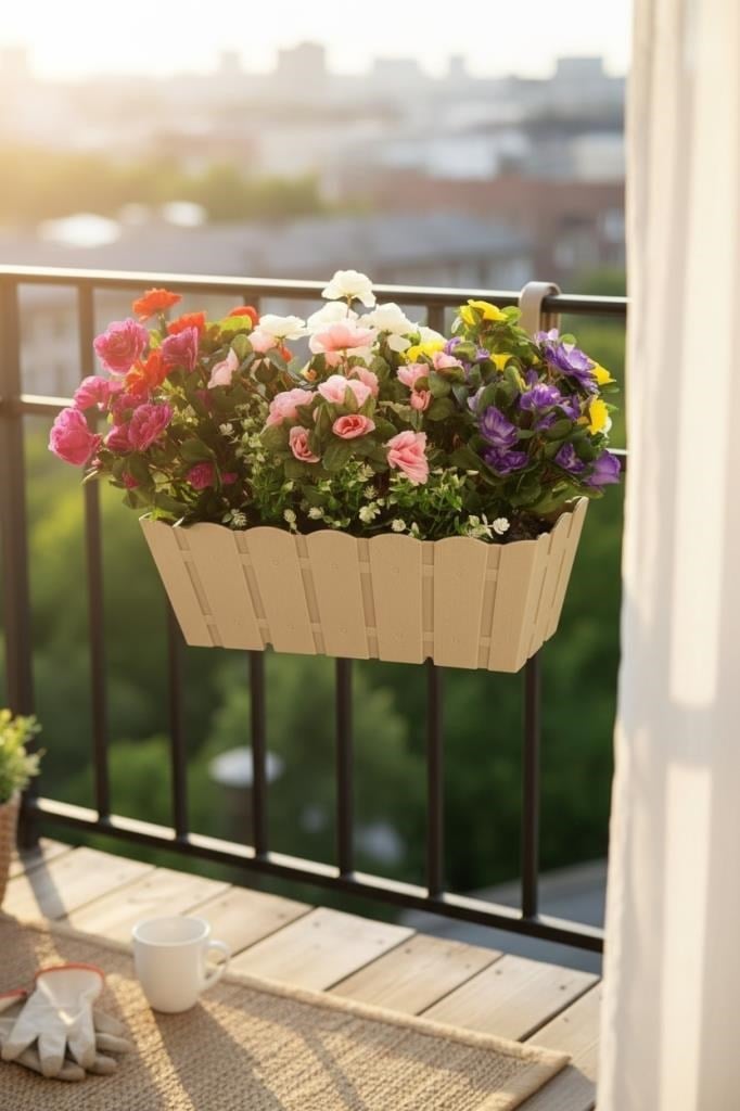 Yapay Çiçek Bej Balkon Saksıda Küpeşte Askılı Açelya Çiçeği Karışık Renkli Çiçek Sepeti 50cm