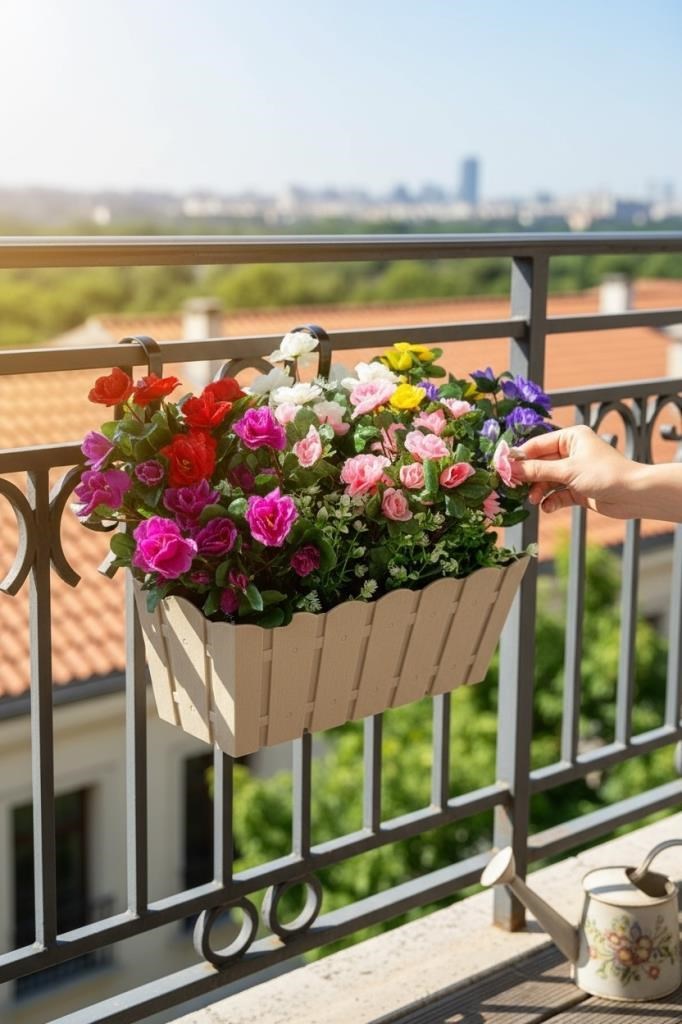 Yapay Çiçek Bej Balkon Saksıda Küpeşte Askılı Açelya Çiçeği Karışık Renkli Çiçek Sepeti 50cm
