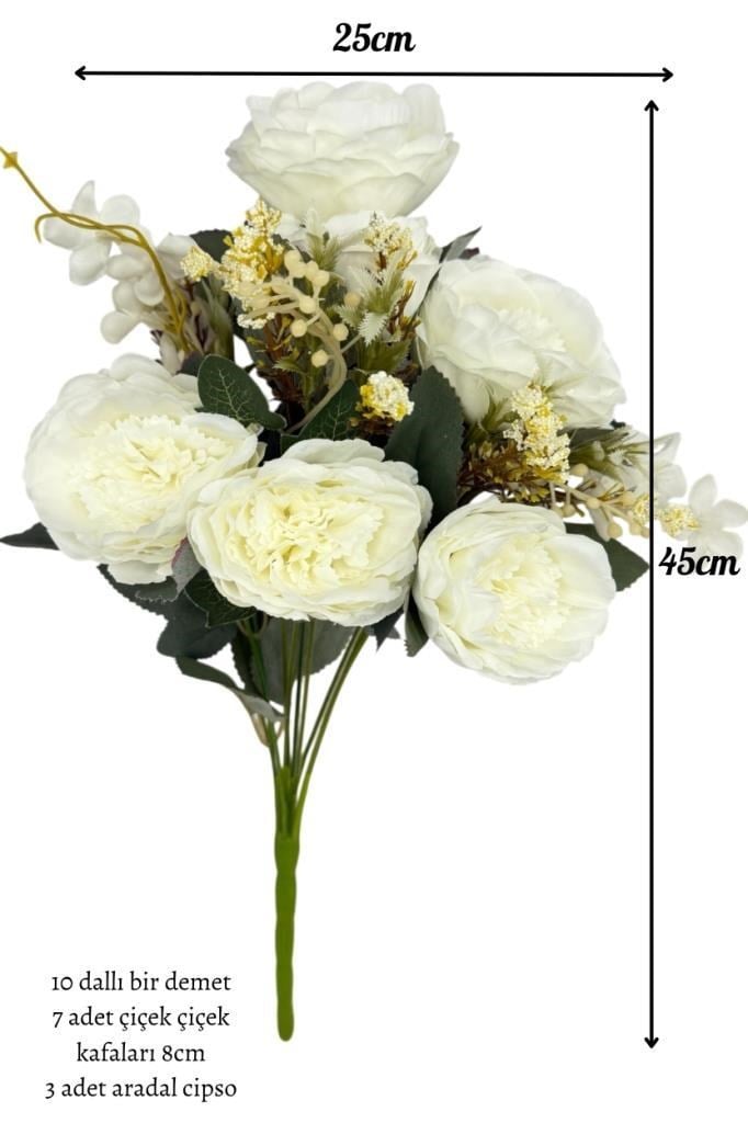 Yapay Çiçek Beyaz 10Dallı Katmerli Gelincik Karışık Aranjman Demeti 45*25cm