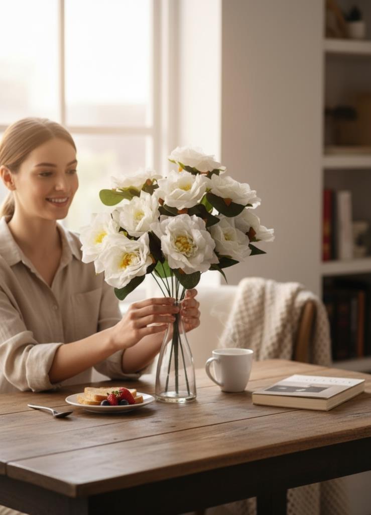 Yapay Çiçek Beyaz 10lu Gül Demeti 40*30cm