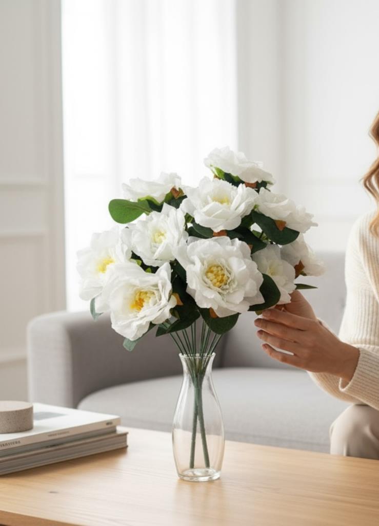 Yapay Çiçek Beyaz 10lu Gül Demeti 40*30cm