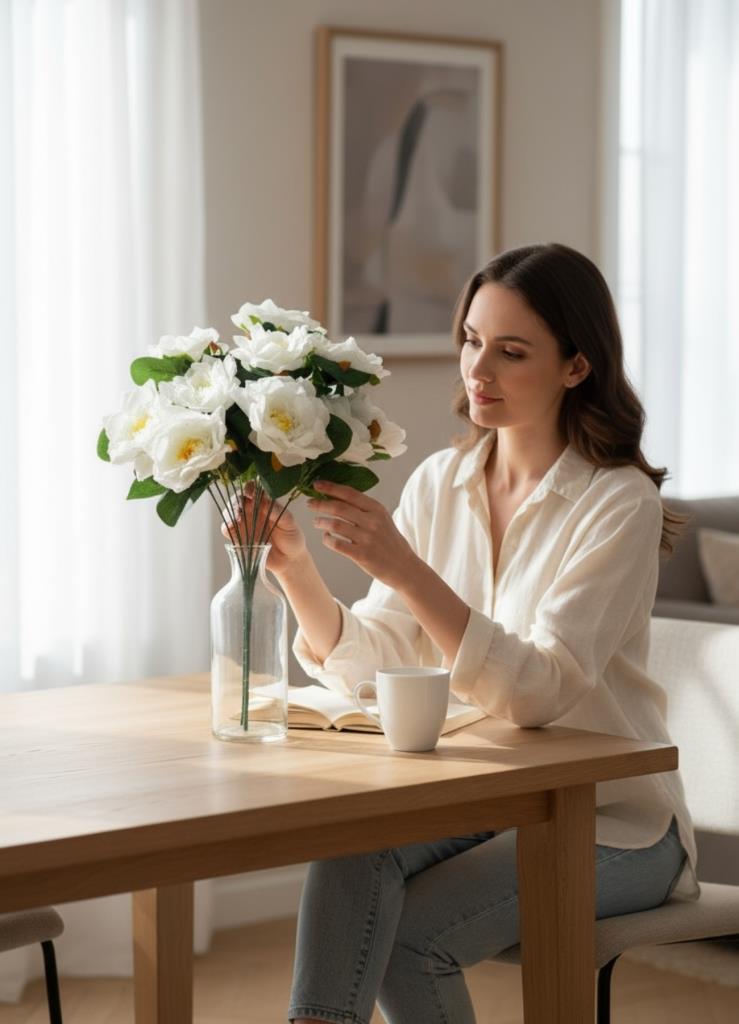 Yapay Çiçek Beyaz 10lu Gül Demeti 40*30cm