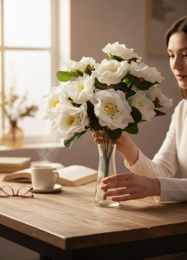 Yapay Çiçek Beyaz 10lu Gül Demeti 40*30cm