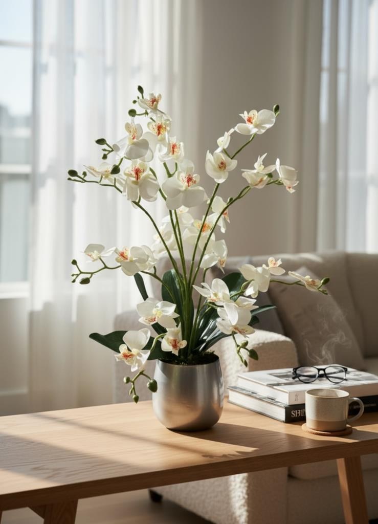 Yapay Çiçek Beyaz 9 Dallı Islak Orkide Gümüş Metal Saksıda Saksıda Orkide 60cm