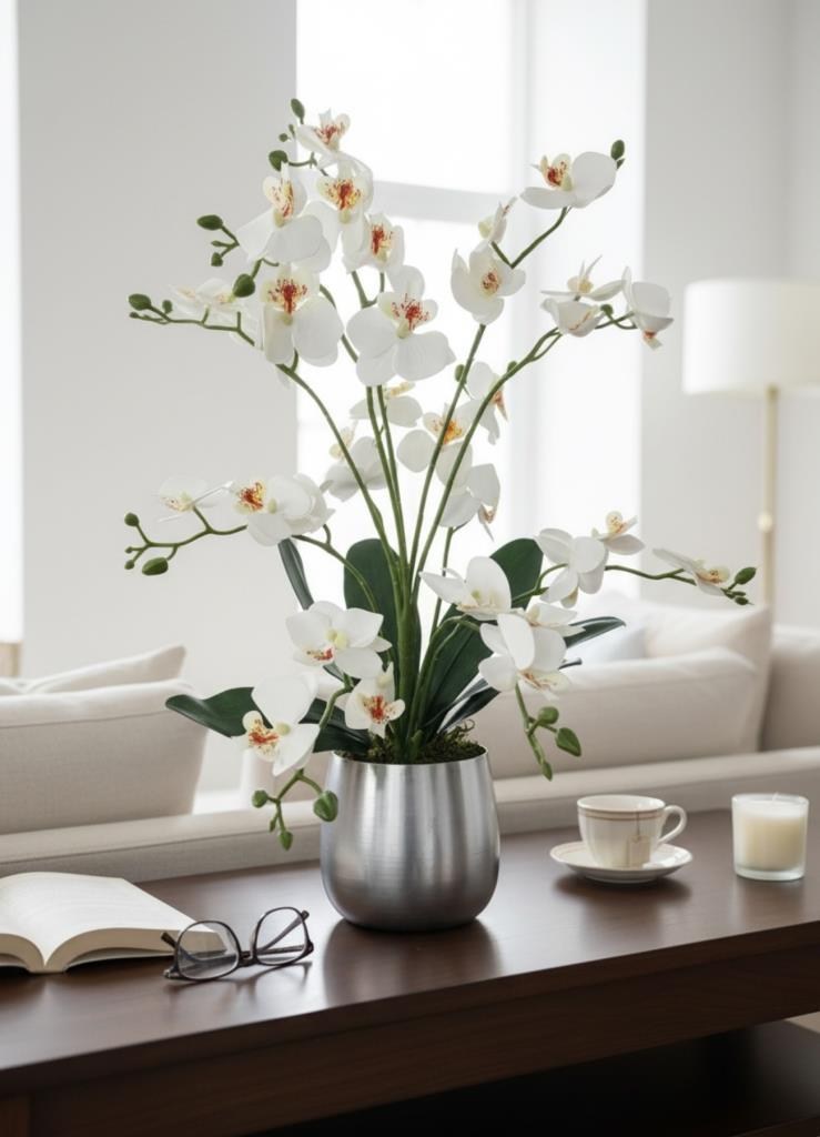 Yapay Çiçek Beyaz 9 Dallı Islak Orkide Gümüş Metal Saksıda Saksıda Orkide 60cm