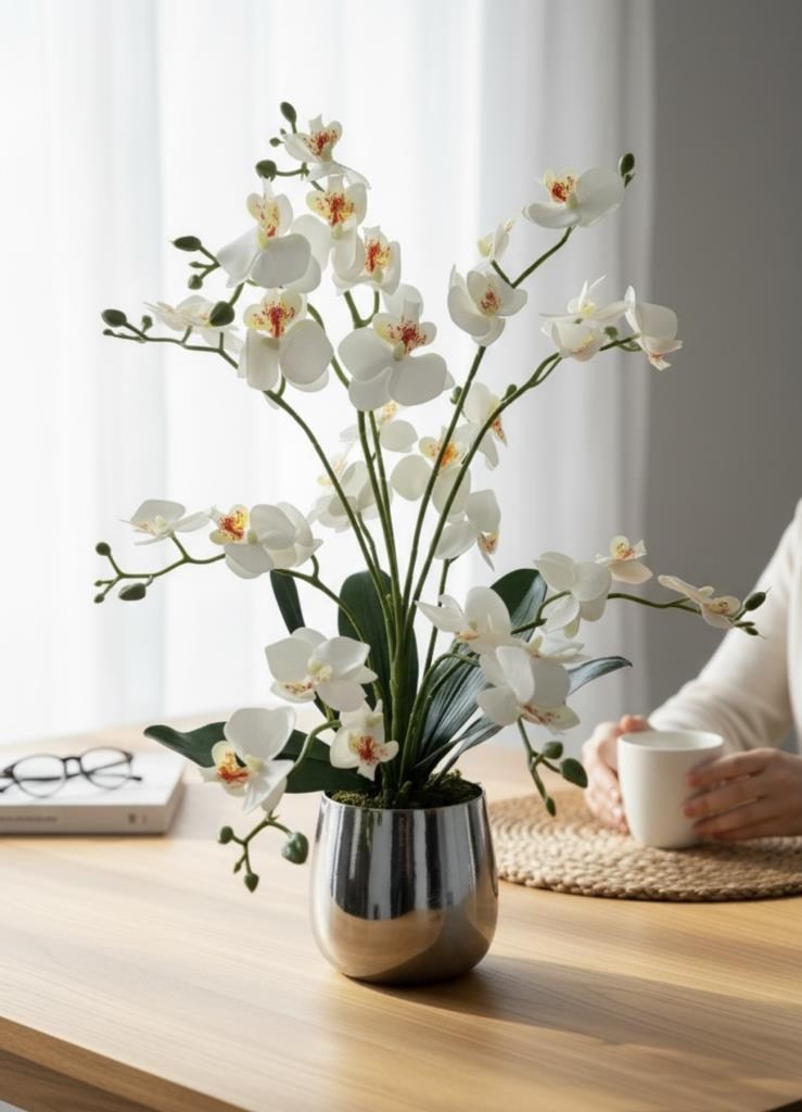 Yapay Çiçek Beyaz 9 Dallı Islak Orkide Gümüş Metal Saksıda Saksıda Orkide 60cm