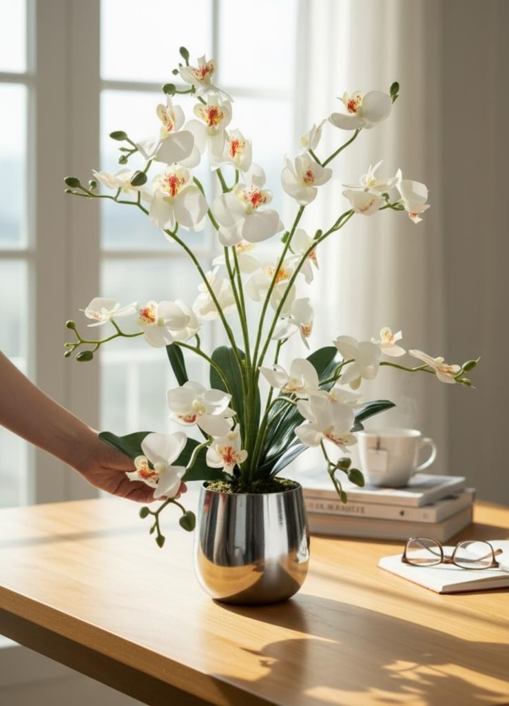 Yapay Çiçek Beyaz 9 Dallı Islak Orkide Gümüş Metal Saksıda Saksıda Orkide 60cm