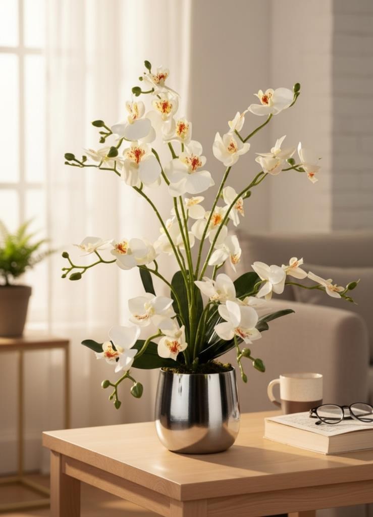 Yapay Çiçek Beyaz 9 Dallı Islak Orkide Gümüş Metal Saksıda Saksıda Orkide 60cm