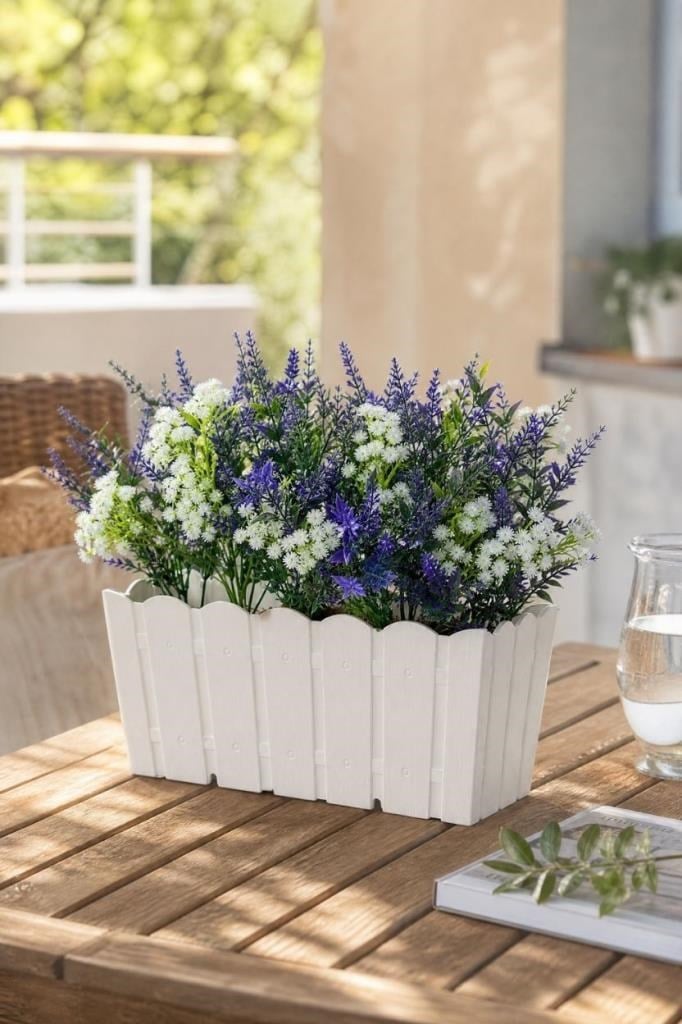 Yapay Çiçek Beyaz Balkon Saksıda Küpeşte Askılı Lavanta Ve Cipso Çiçeği 50cm