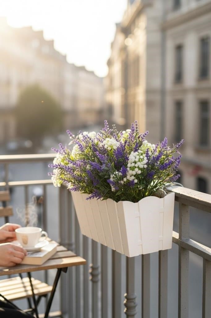 Yapay Çiçek Beyaz Balkon Saksıda Küpeşte Askılı Lavanta Ve Cipso Çiçeği 50cm
