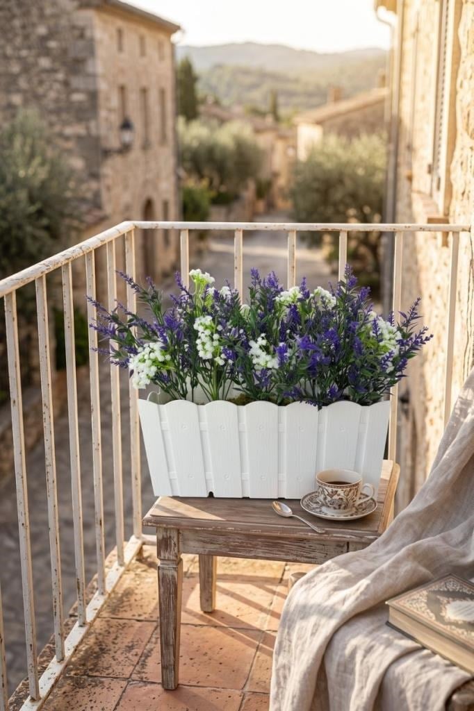 Yapay Çiçek Beyaz Balkon Saksıda Küpeşte Askılı Lavanta Ve Cipso Çiçeği 50cm