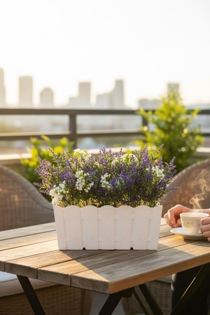 Yapay Çiçek Beyaz Balkon Saksıda Küpeşte Askılı Lavanta Ve Cipso Çiçeği 50cm
