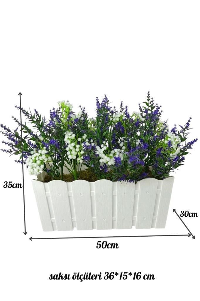 Yapay Çiçek Beyaz Balkon Saksıda Küpeşte Askılı Lavanta Ve Cipso Çiçeği 50cm
