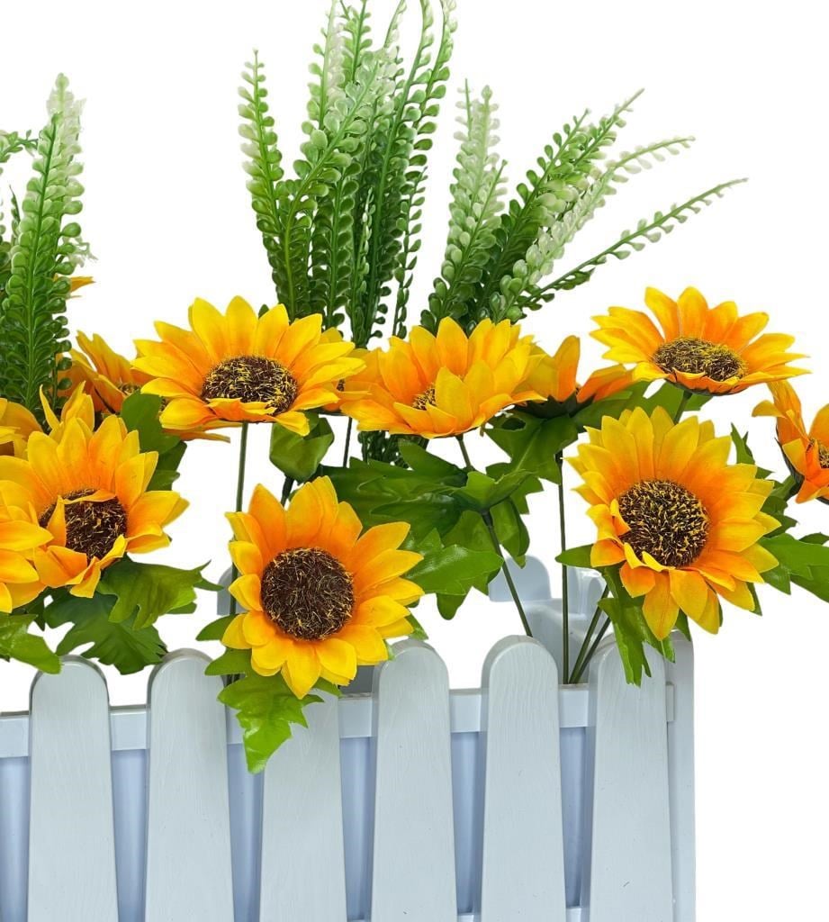 Yapay Çiçek Beyaz Çit Balkon Saksısı Ay Çiçekli 55*20cm