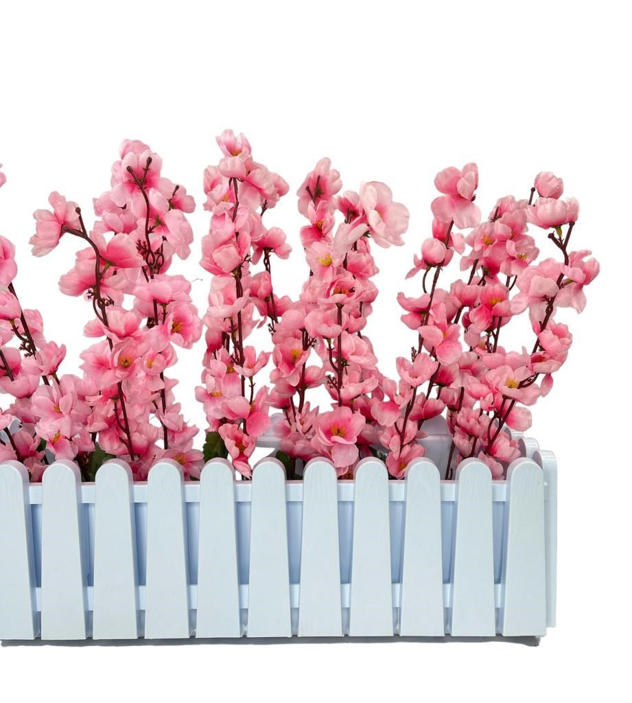 Yapay Çiçek Beyaz Çit Balkon Saksısı Pembe Bahardalı 55*20cm