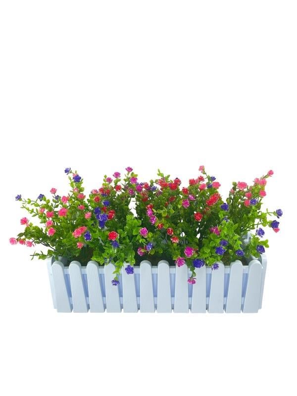 Yapay Çiçek Beyaz Çit Balkon Saksısı Renkli Mineli Şimşir Çiçekli 55*35cm