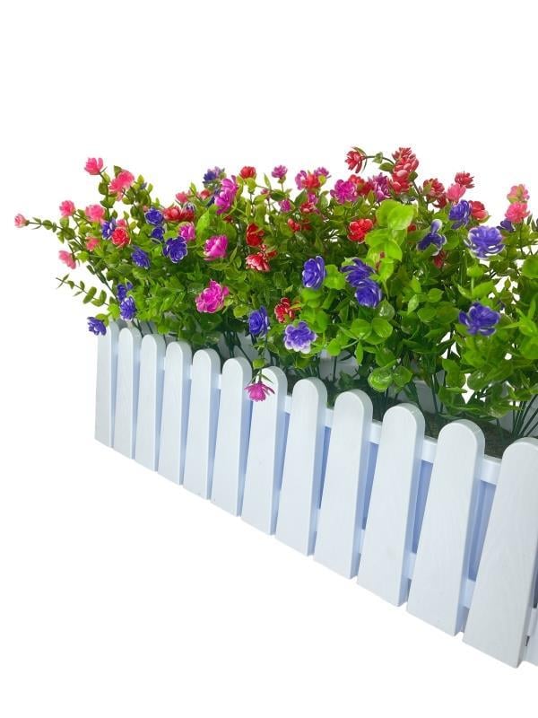 Yapay Çiçek Beyaz Çit Balkon Saksısı Renkli Mineli Şimşir Çiçekli 55*35cm