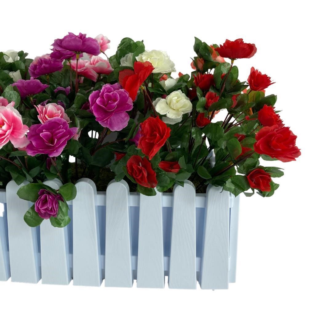 Yapay Çiçek Beyaz Çit Balkon Saksısı Renkli Açelya Çiçekli 55*20cm