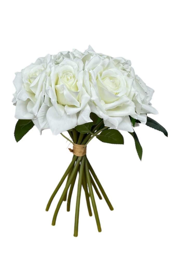 Yapay Çiçek Beyaz Gül 10lu Demet Gelin Çiçeği Buketi Masa Üstü Vazo Çiçeği 25cm