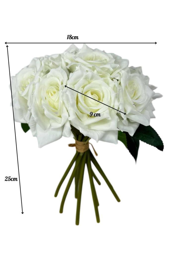 Yapay Çiçek Beyaz Gül 10lu Demet Gelin Çiçeği Buketi Masa Üstü Vazo Çiçeği 25cm